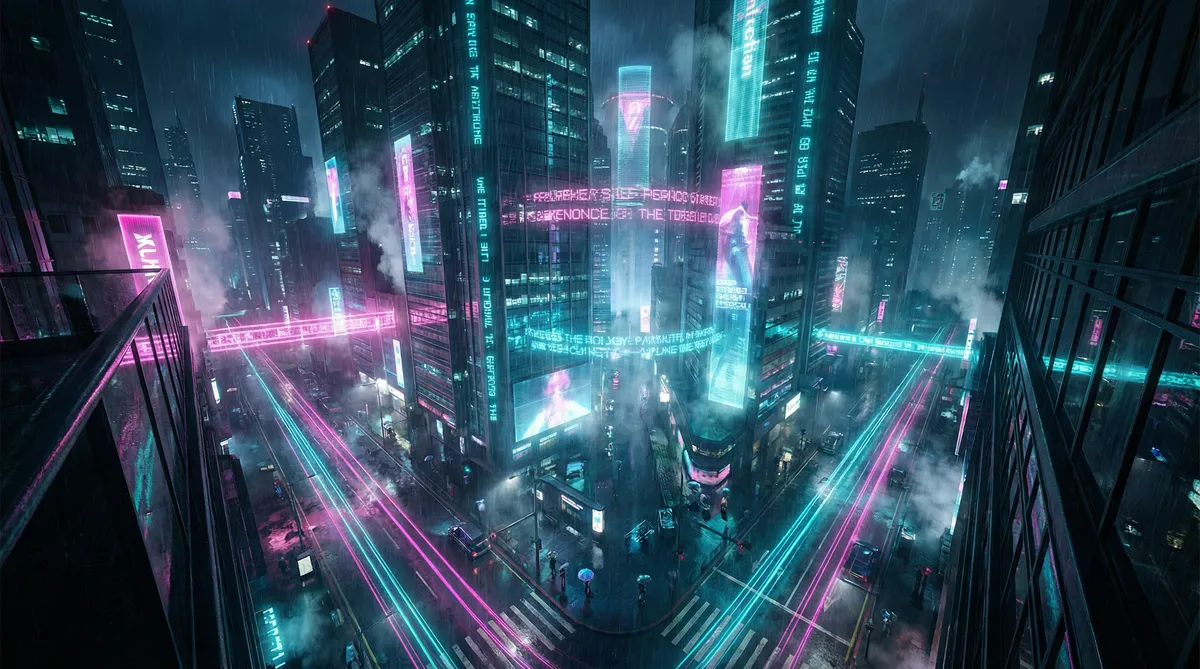 美国ZOOM人狗APP一欢迎你 竖屏短剧平台首页背景 - 赛博朋克都市夜景